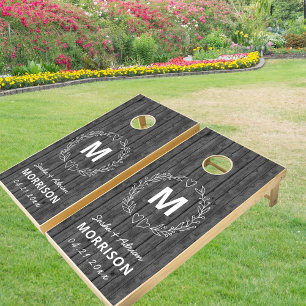 Rustic Grey Wood Couple Monogram Heart Wreath Cornhole Set
