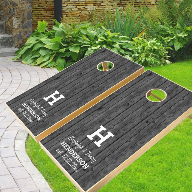 Rustic Grey Wood Couples Monogrammed Cornhole Set (Creator Uploaded)