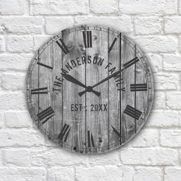 Rustic Grey Wood Custom Family Name Farmhouse Large Clock