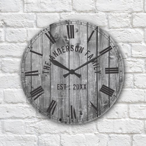 Rustic Grey Wood Custom Family Name Farmhouse Round Clock