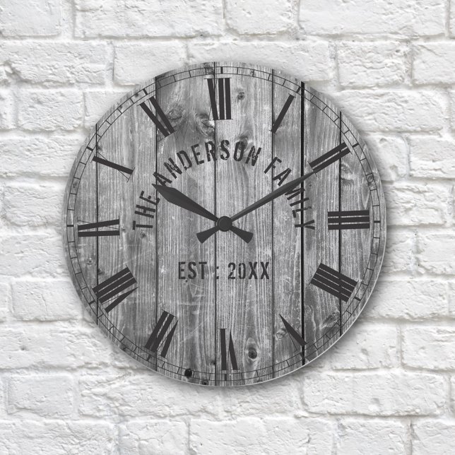 Rustic Grey Wood Custom Family Name Farmhouse Round Clock (Creator Uploaded)