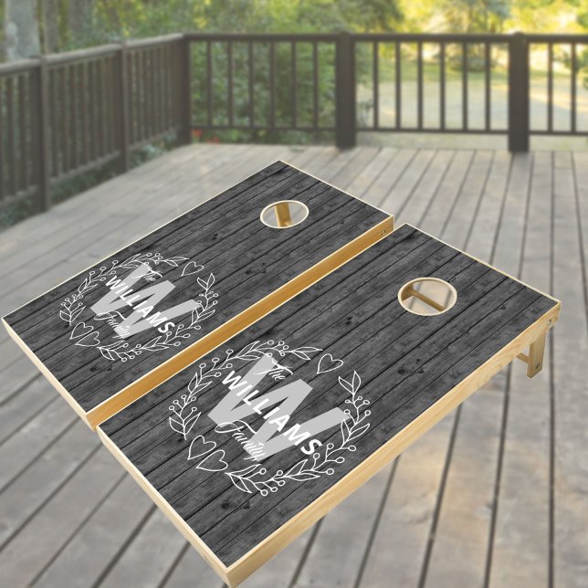 Rustic Grey Wood Family Name and Monogram Cornhole Set (Creator Uploaded)