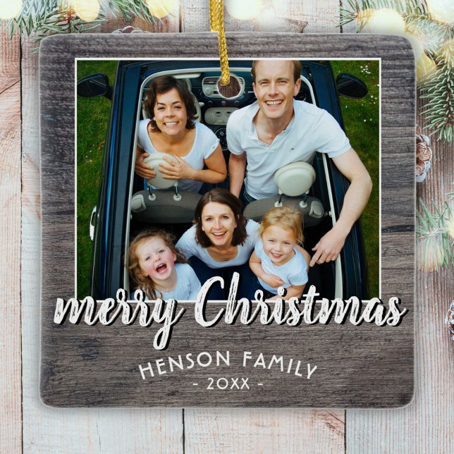 Rustic Grey Wood Family Photo Merry Christmas Ceramic Ornament (Creator Uploaded)