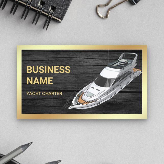 Rustic Grey Wood Gold Luxury Yacht Charter Business Card (Creator Uploaded)