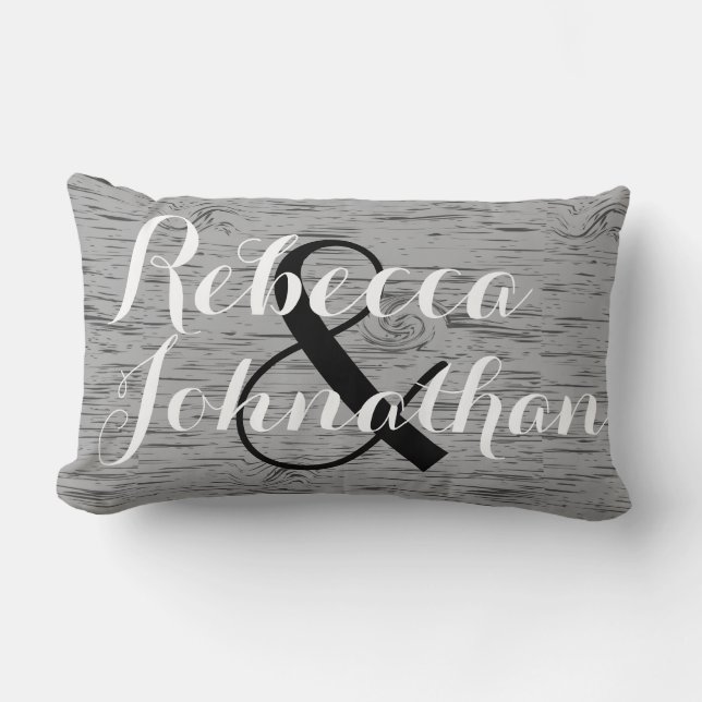 Rustic Grey Wood Grain Monogram Wedding Lumbar Pillow (Front)