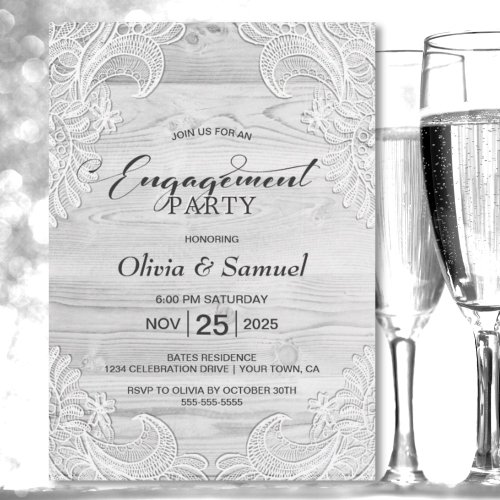 Rustic Grey Wood Lace Engagement Party Invitation