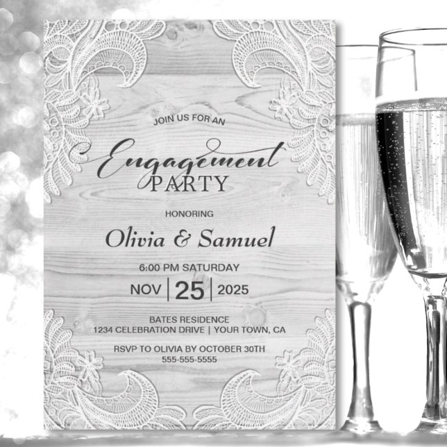 Rustic Grey Wood Lace Engagement Party Invitation (Creator Uploaded)