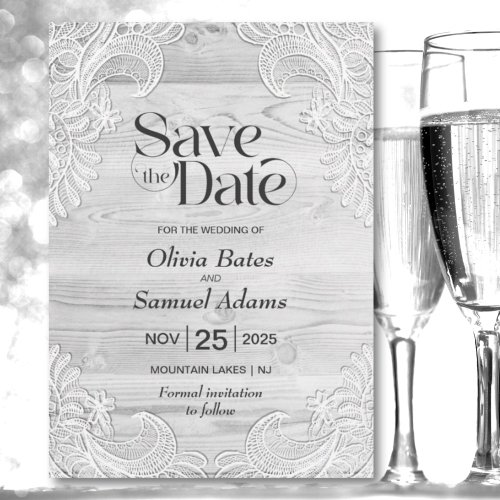 Rustic Grey Wood Lace Wedding Save The Date