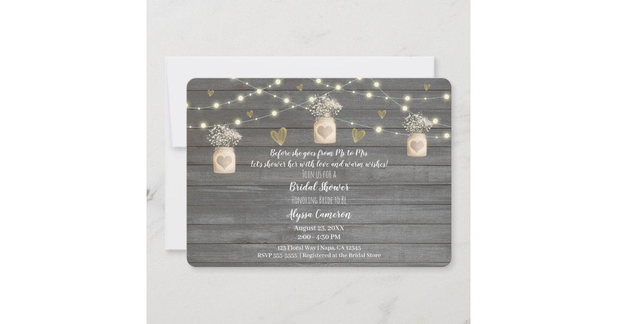 Rustic Grey Wood Lights & Mason Jar Bridal Shower Invitation | Zazzle