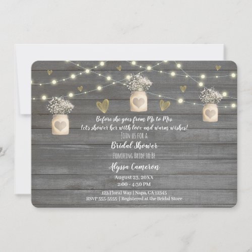 Rustic Grey Wood Lights  Mason Jar Bridal Shower Invitation