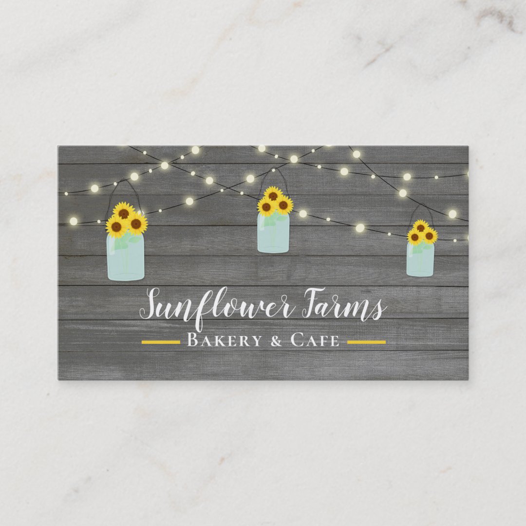 Rustic Grey Wood Lights & Mason Jar Sunflowers Business Card | Zazzle