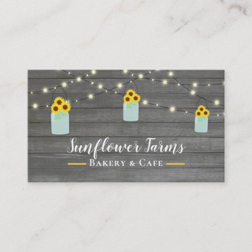 Rustic Grey Wood Lights  Mason Jar Sunflowers Business Card