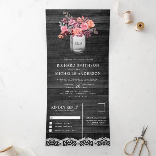 Rustic Grey Wood Marsala Floral Mason Jar Wedding Tri_Fold Invitation