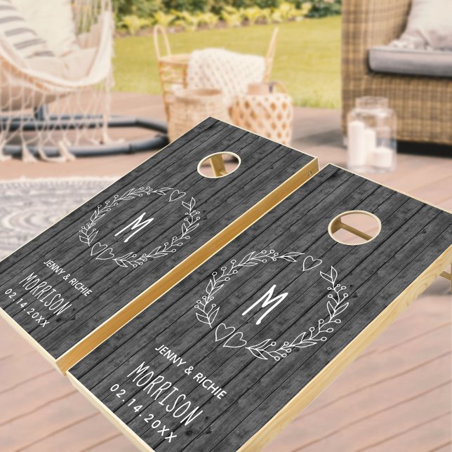 Rustic Grey Wood Newlywed Monogram Heart Wreath Cornhole Set (Creator Uploaded)