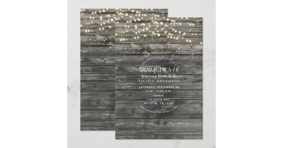 Rustic Grey Wood String Lights Bridal Shower Invitation | Zazzle