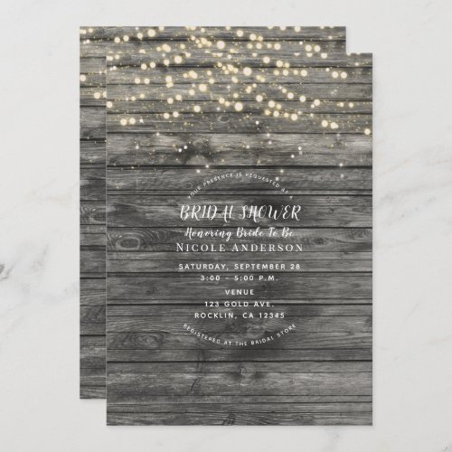 Rustic Grey Wood String Lights Bridal Shower Invitation