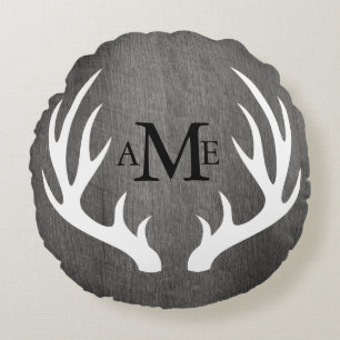 Rustic Grey Wood White Deer Antlers Personalized Round Pillow