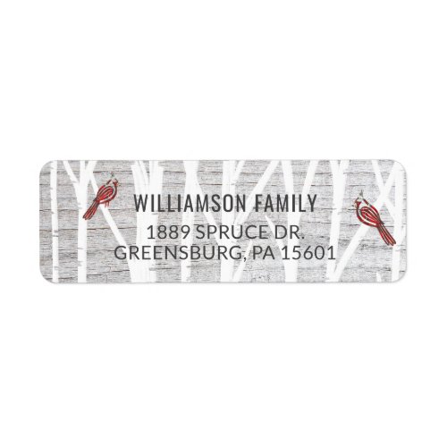 Rustic Grey Wood Winter Birch Tree   Red Cardinal Label