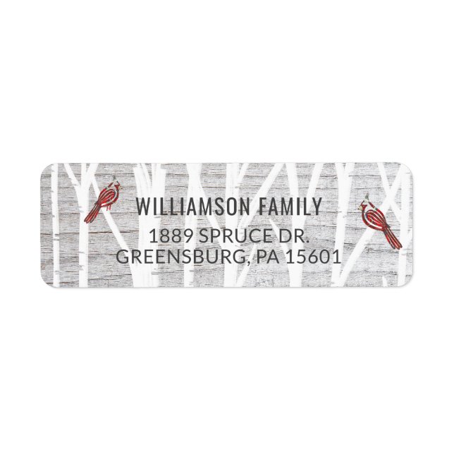 Rustic Grey Wood Winter Birch Tree &  Red Cardinal Label (Front)
