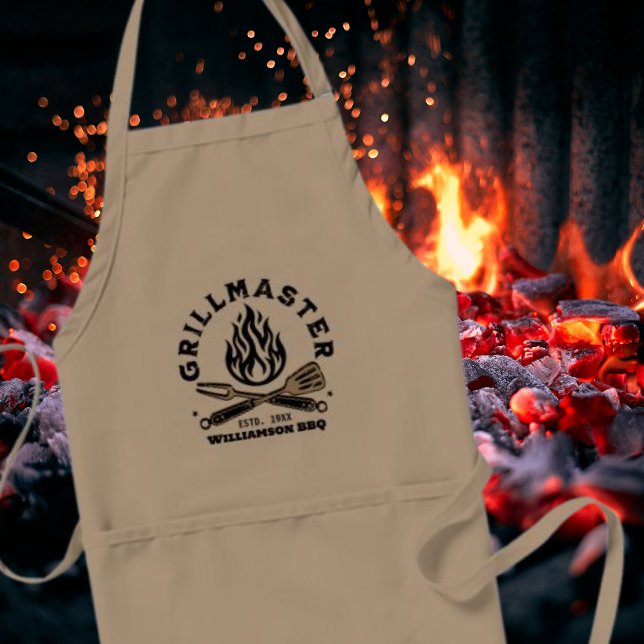 Rustic GRILLMASTER Custom Apron (Taupe apron with the grill master design with a charcoal fire background. )