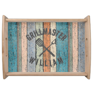 Rustic Grillmaster Custom Name Wooden Serving Tray