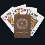 Rustic Groomsman Monogram Poker Cards<br><div class="desc">These custom groomsmen playing cards feature a vintage woodgrain background, gold floral wreath, and personalized name and initial. A unique and practical wedding party gift, these cards are perfect for bachelor parties, game night favors, or keepsakes for your groomsmen. Stylish yet functional, they add a fun and personal touch to...</div>