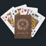 Rustic Groomsman Monogram Poker Cards<br><div class="desc">These custom groomsmen playing cards feature a vintage woodgrain background, gold floral wreath, and personalized name and initial. A unique and practical wedding party gift, these cards are perfect for bachelor parties, game night favors, or keepsakes for your groomsmen. Stylish yet functional, they add a fun and personal touch to...</div>