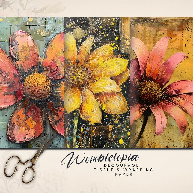 Rustic Grunge Gold Pink Abstract Floral Decoupage Wrapping Paper Sheets (Creator Uploaded)