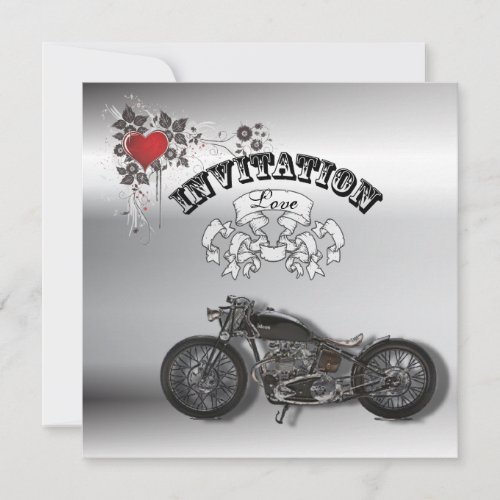 Grunge Heart Motorcycle Biker Wedding Invitation