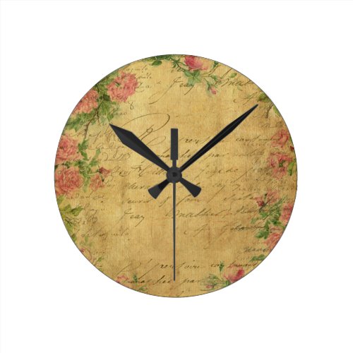 Rustic,grunge,paper,vintage,floral,text,roses,rose Round Wall Clock