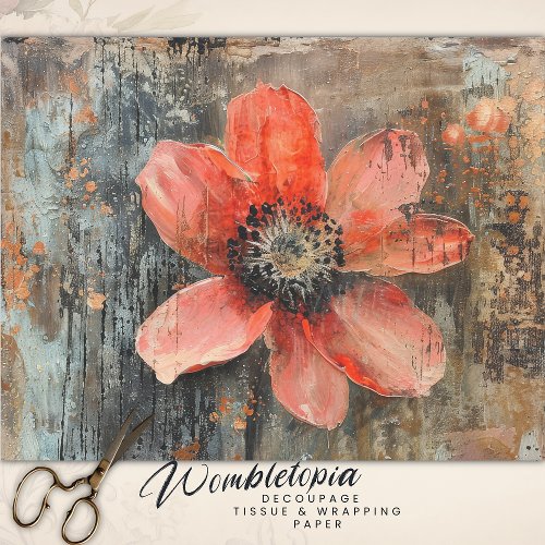 Rustic Grunge Red Poppy Abstract Floral Decoupage Tissue Paper