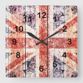 Rustic Grunge Union Jack On Wood Background Square Wall Clock by hutsul at Zazzle