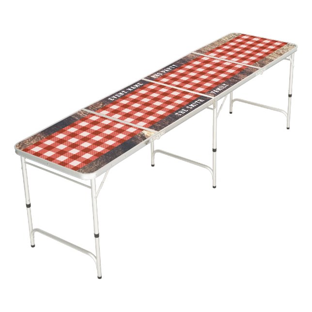 Rustic Grunge Wood Red Plaid Custom BBQ Party Beer Pong Table (Angled)