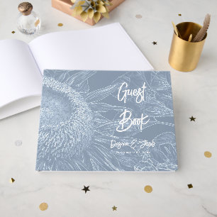 Rustic Half Sunflower Dusty Blue White Floral Art Guest Book