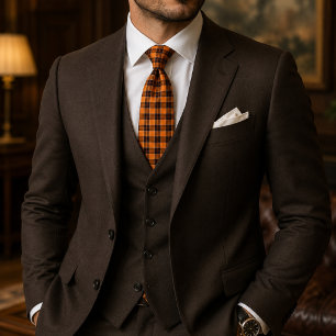 Rustic Halloween Orange and Brown Tartan Plaid Neck Tie
