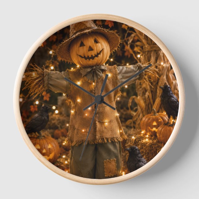 Rustic Halloween Scarecrow Wall Clock (Front)