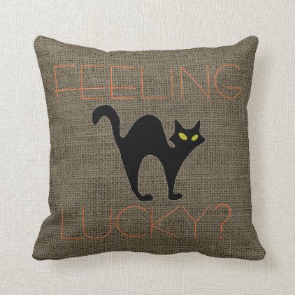 Rustic Halloween Spooky Black Cat Burlap Throw Pillow