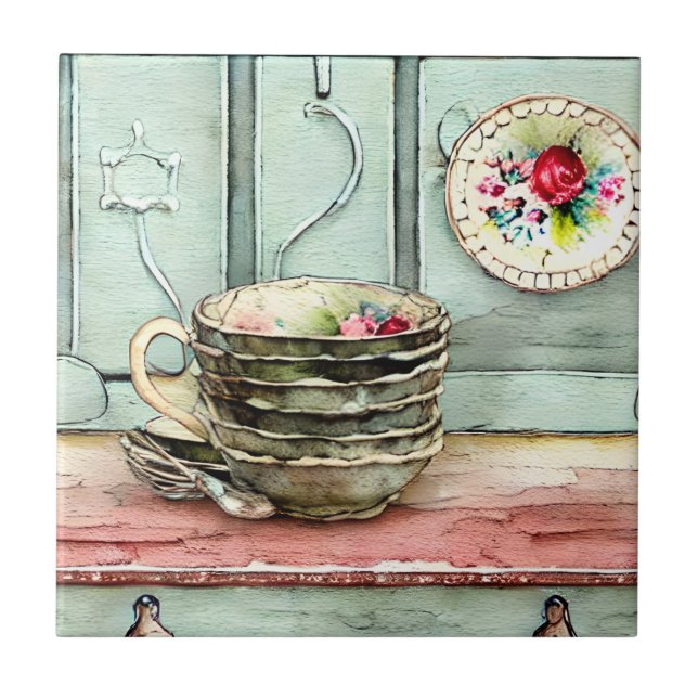 Rustic hand craft cool illustration of dish Retro Ceramic Tile (Front)