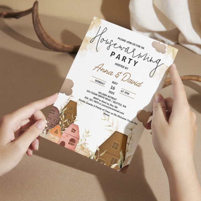 Rustic Hand Drawing  Housewarming Party Invitation (Rustic Hand Drawing Housewarming Party Invitation farmhouse country watercolor brown chic towns )