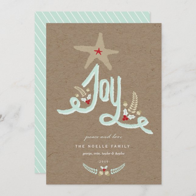 Rustic Hand Drawn Blue Joy Calligraphy Foliage Holiday Card (Front/Back)