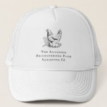 Rustic Hand-drawn Chicken Script Family Farm Trucker Hat<br><div class="desc">This hat is perfect to be used as merchandise for your farm eggs business. Featuring a rustic hand-drawn chicken with eggs and leaves,  and a matching country typography displaying your farm name and location. You can easily add your custom wording to this design by using the "Personalize" button!</div>