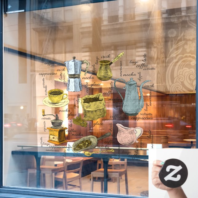 Rustic Hand Drawn Coffee Shop Art Window Cling (Cafe Window)