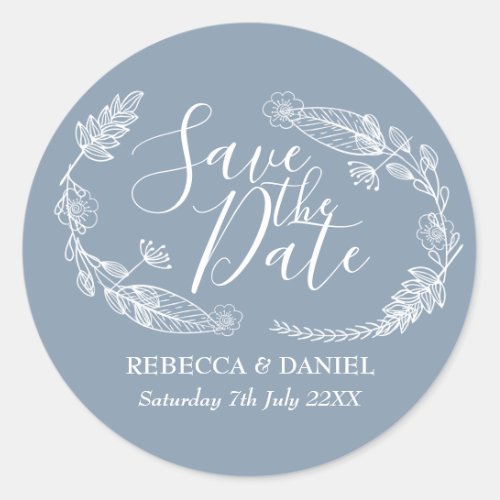 Rustic Hand_drawn Floral Garland Save the Date Classic Round Sticker