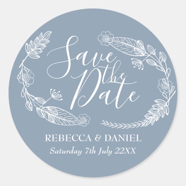 Rustic Hand-drawn Floral Garland Save the Date Classic Round Sticker (Front)