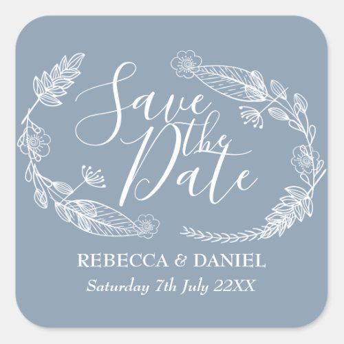 Rustic Hand_drawn Floral Garland Save the Date Square Sticker