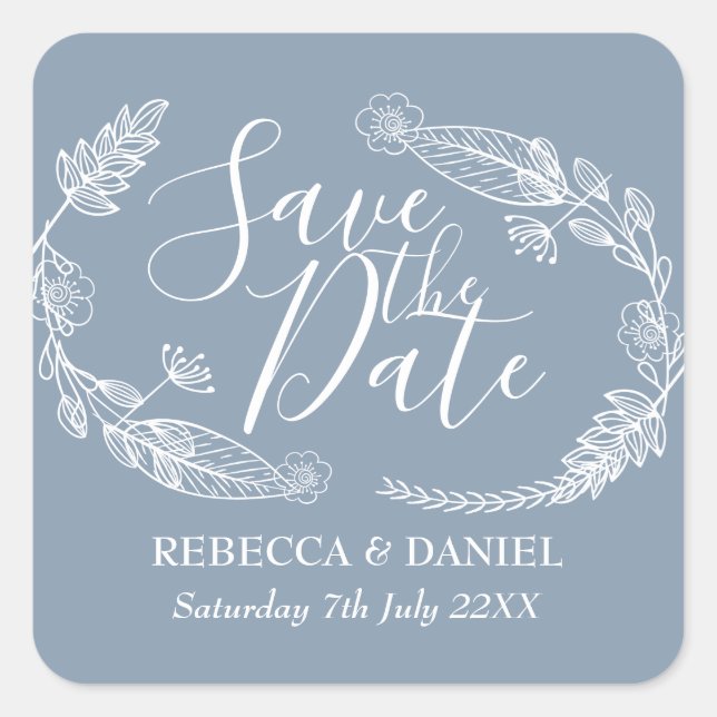 Rustic Hand-drawn Floral Garland Save the Date Square Sticker (Front)