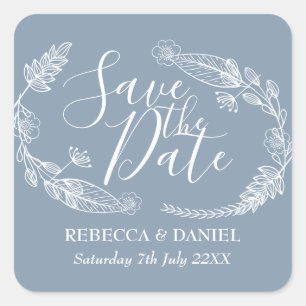 Rustic Hand-drawn Floral Garland Save the Date Square Sticker