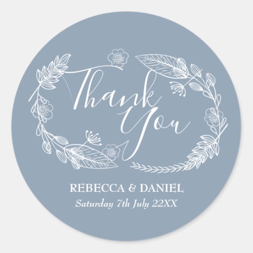 Rustic Hand_drawn Floral Garland Script Thank You Classic Round Sticker