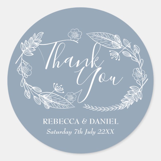 Rustic Hand-drawn Floral Garland Script Thank You Classic Round Sticker (Front)