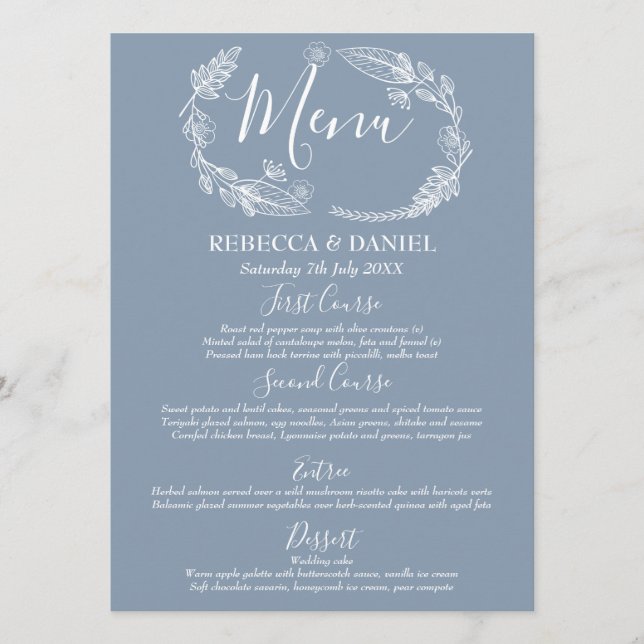 Rustic Hand-drawn Floral Garland Script Wedding Menu (Front)